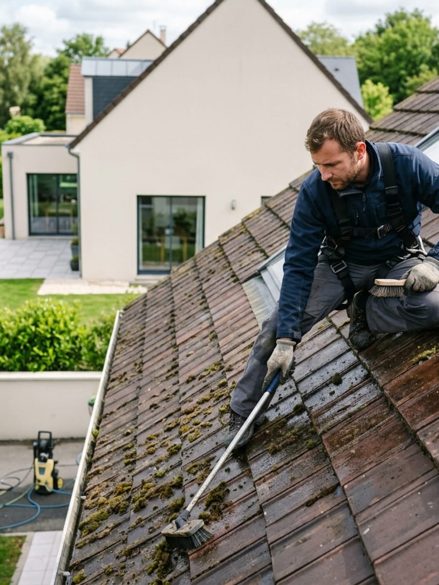 Professionnel réalisant un démoussage de toiture sécurisé
